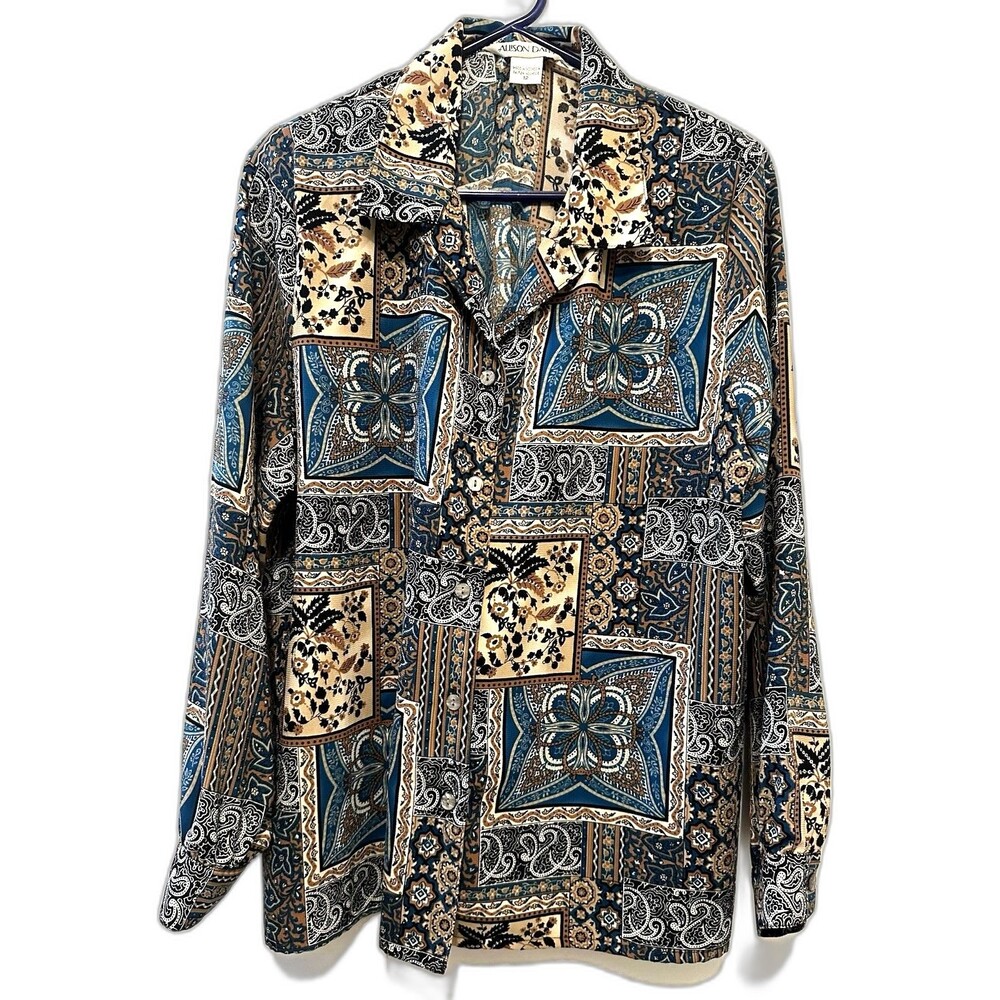 Allison Daley Blouse Womens 12 Patchwork Paisley Floral Button Front Long Sleeve